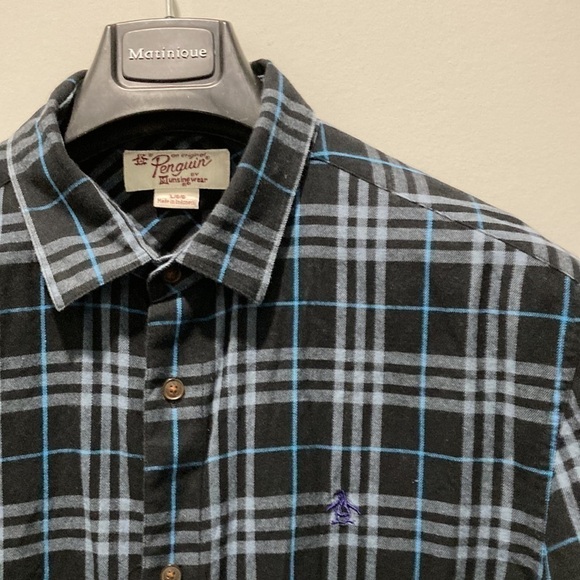 Original Penguin Black Blue Plaid Long Sleeve Fleece Button Up Shirt Large​​ - Picture 4 of 11